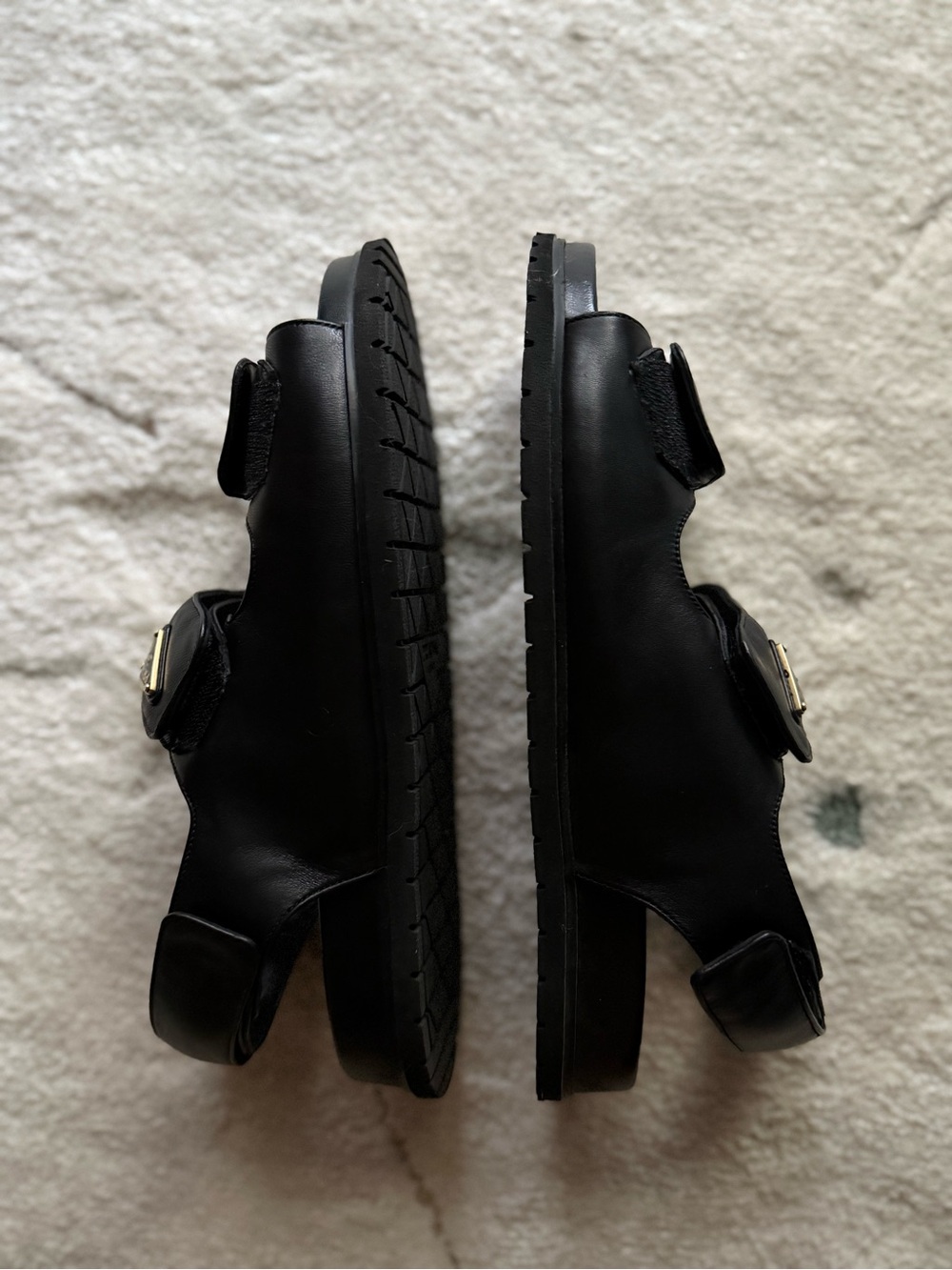 Prada Women’s Black Leather Dual-Strap Sandals with Gold Logo - Picture 8 of 8